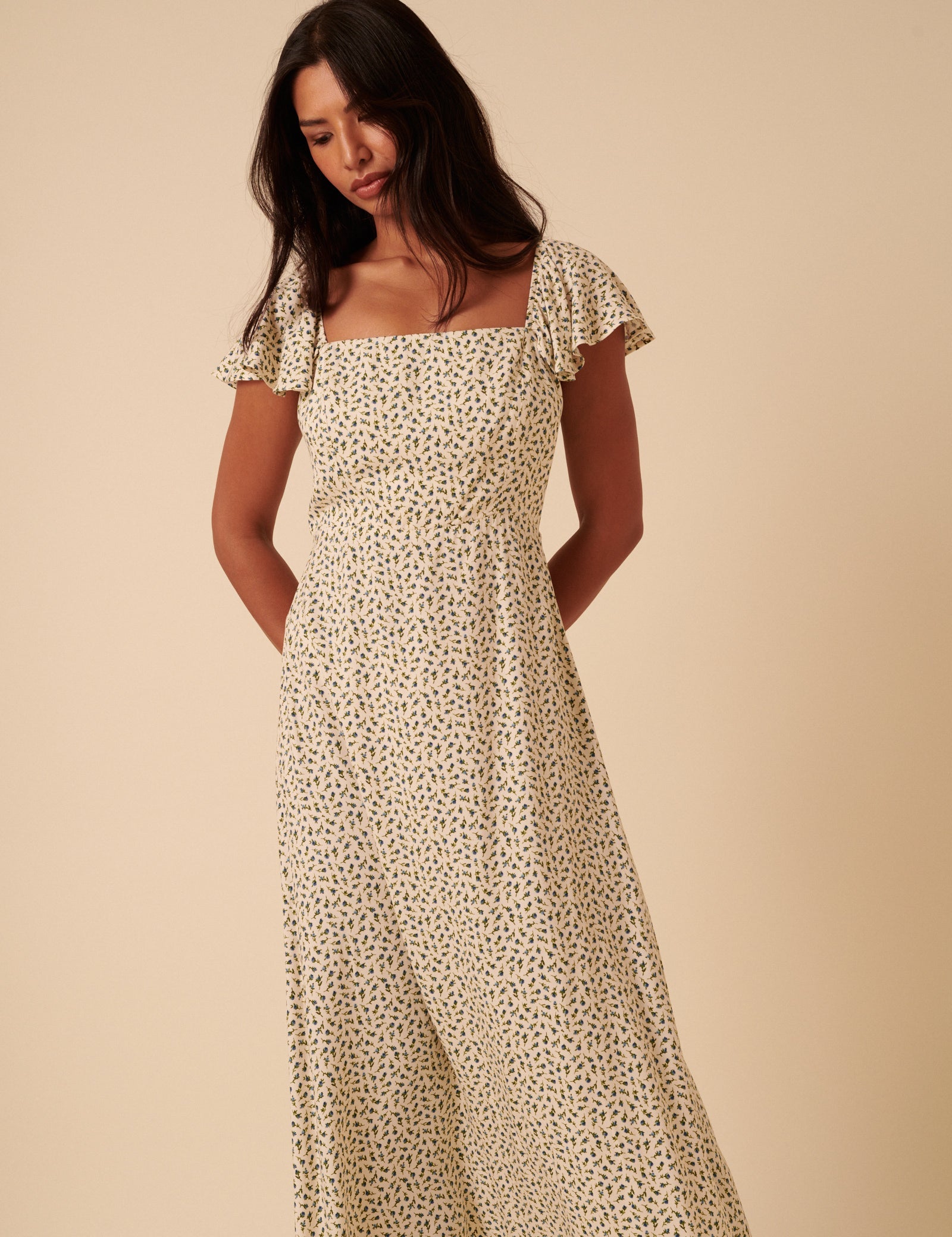 Cream Ditsy Floral Elsie Midi Dress