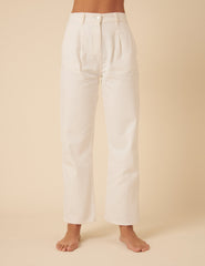 Cream High Rise Pleated Straight Leg Jeans