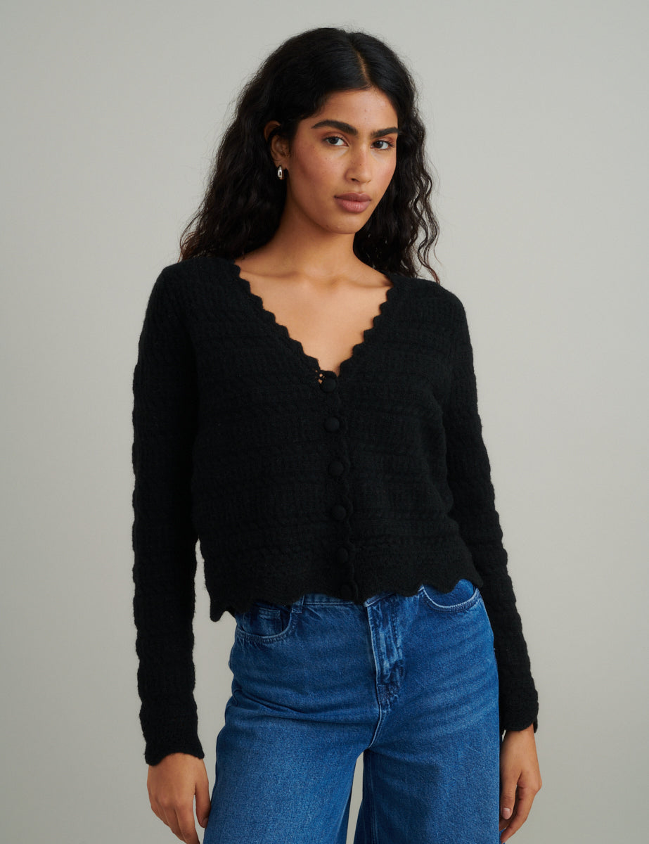 Black Cosy Pointelle Stitch V-neck Cardigan