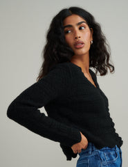 Black Cosy Pointelle Stitch V-neck Cardigan