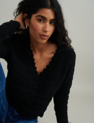 Black Cosy Pointelle Stitch V-neck Cardigan