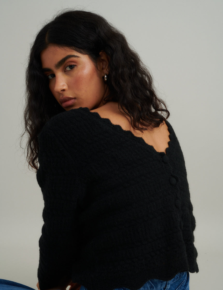 Black Cosy Pointelle Stitch V-neck Cardigan