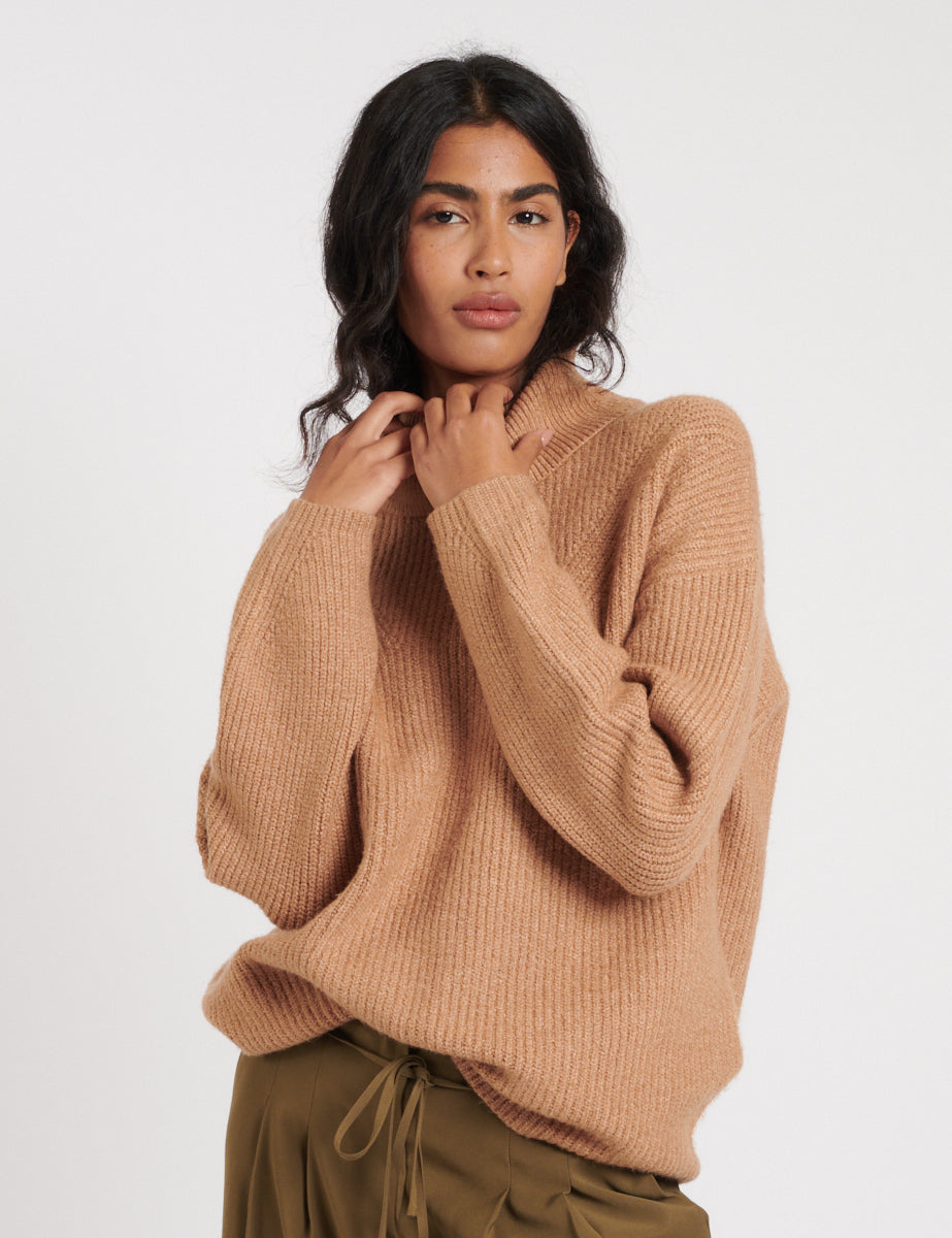 Camel Roll Neck Longline Knitted Jumper