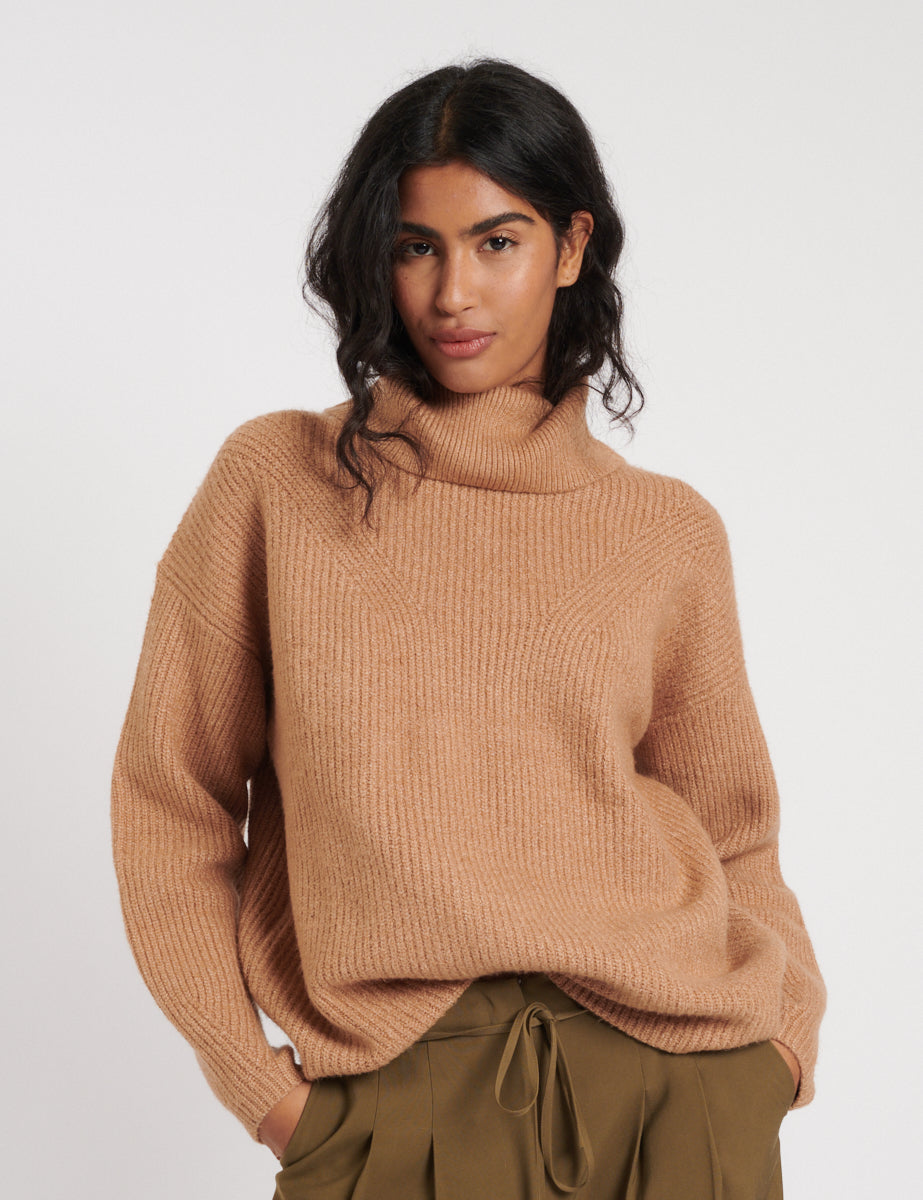 Camel Roll Neck Longline Knitted Jumper