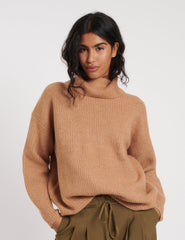 Camel Roll Neck Longline Knitted Jumper
