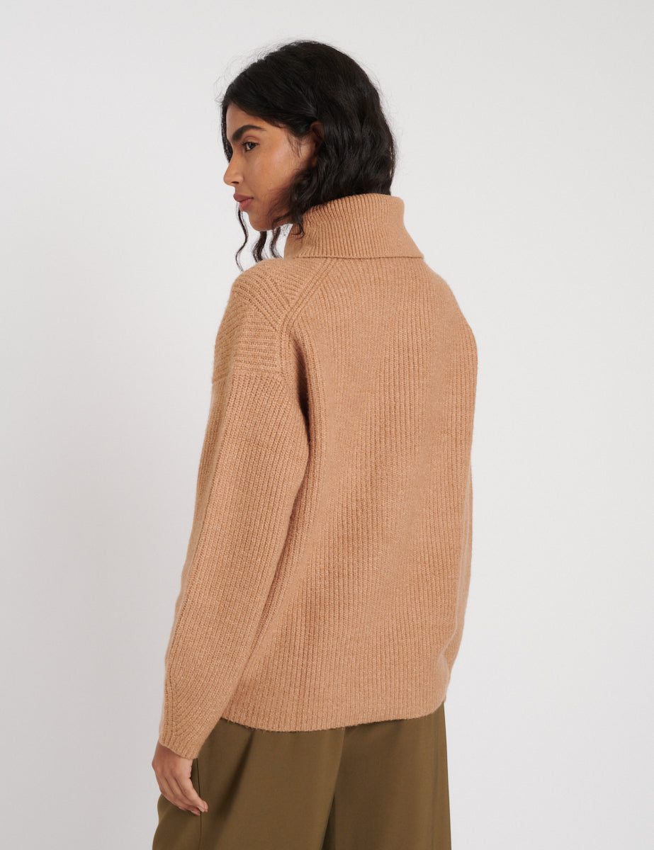 Camel Roll Neck Longline Knitted Jumper