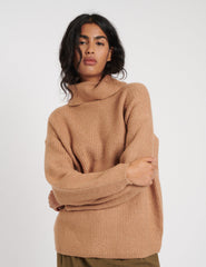 Camel Roll Neck Longline Knitted Jumper