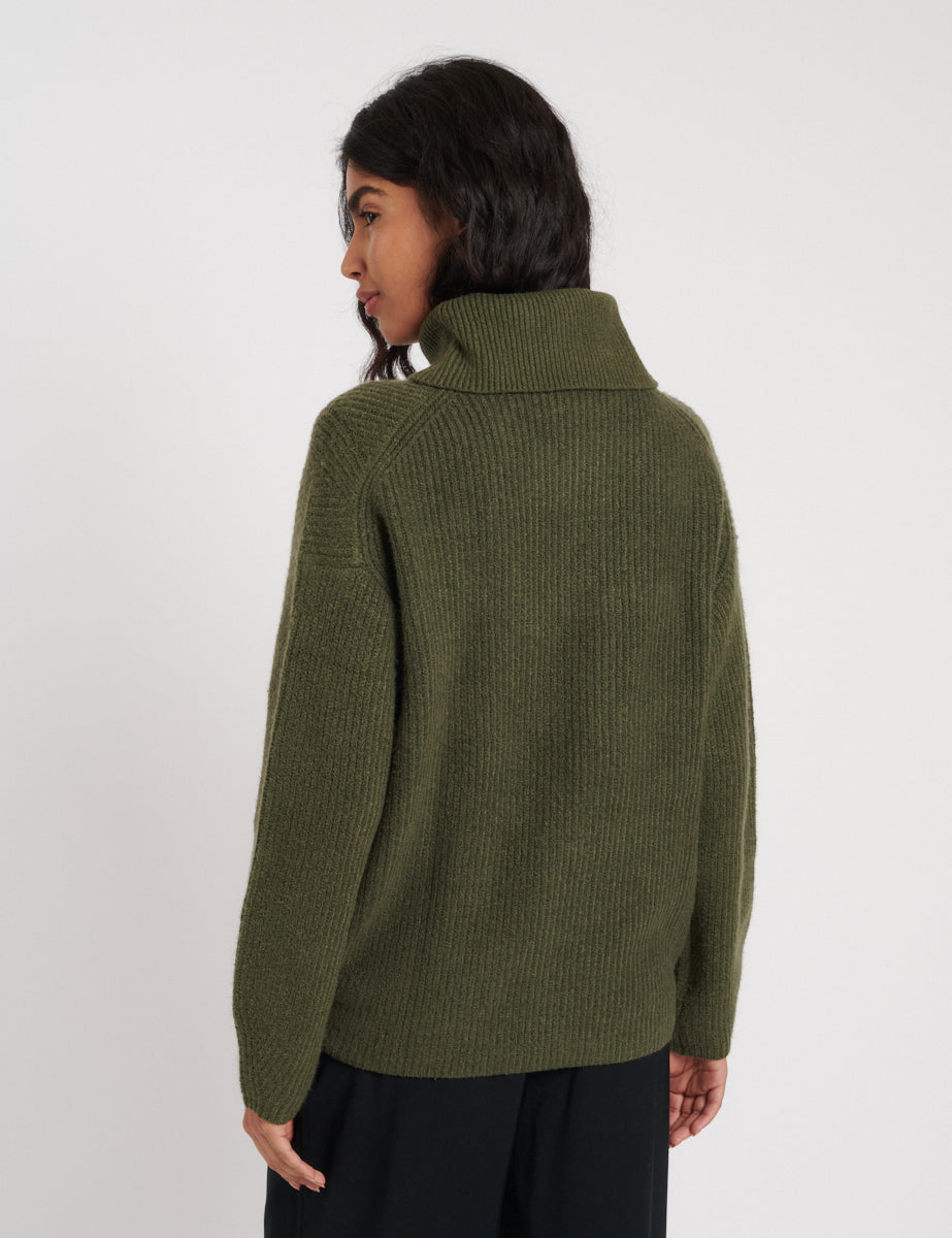 Khaki Roll Neck Longline Knitted Jumper