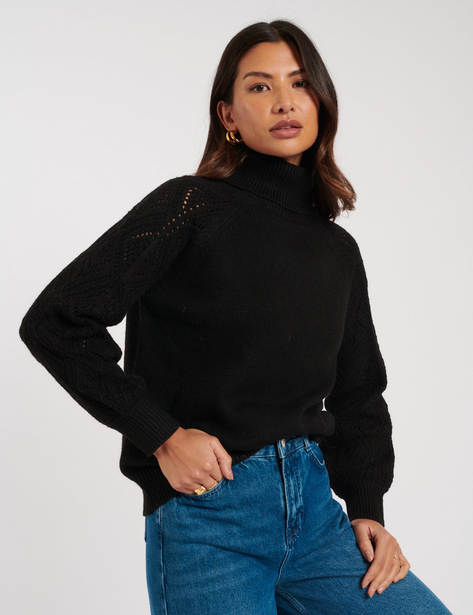 Black Roll Neck Pointelle Knitted Jumper