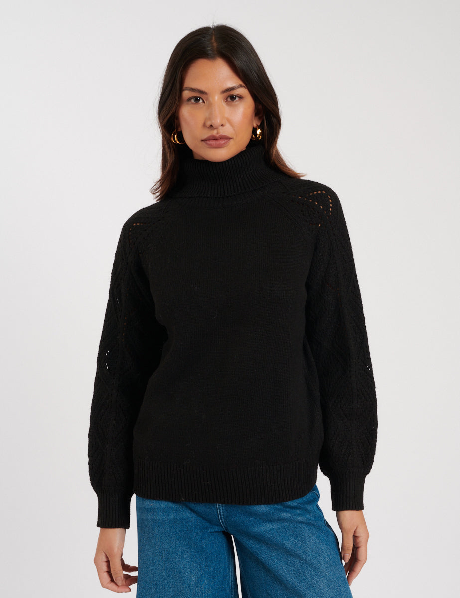 Black Roll Neck Pointelle Knitted Jumper