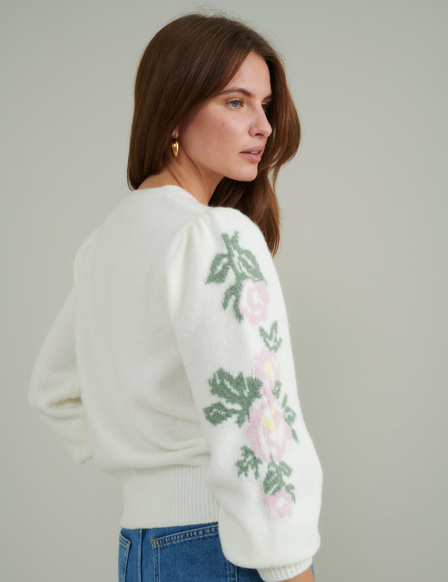 Cream Floral Crew Neck Knitted Jumper