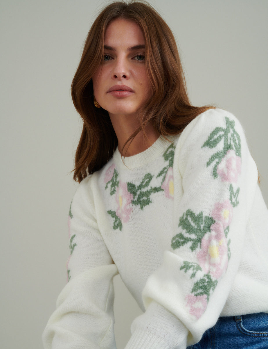 Cream Floral Crew Neck Knitted Jumper