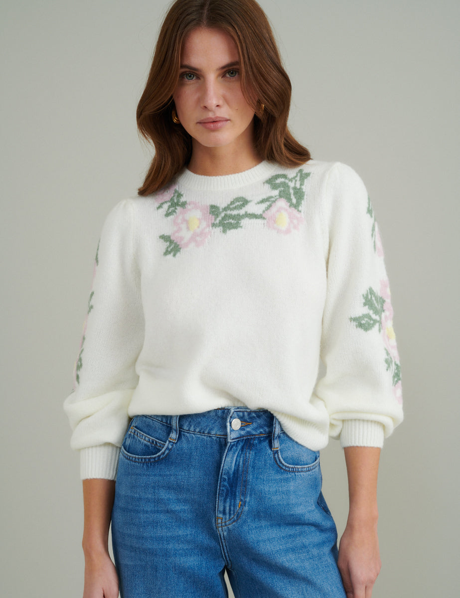Cream Floral Crew Neck Knitted Jumper