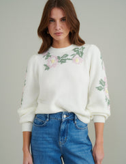 Cream Floral Crew Neck Knitted Jumper