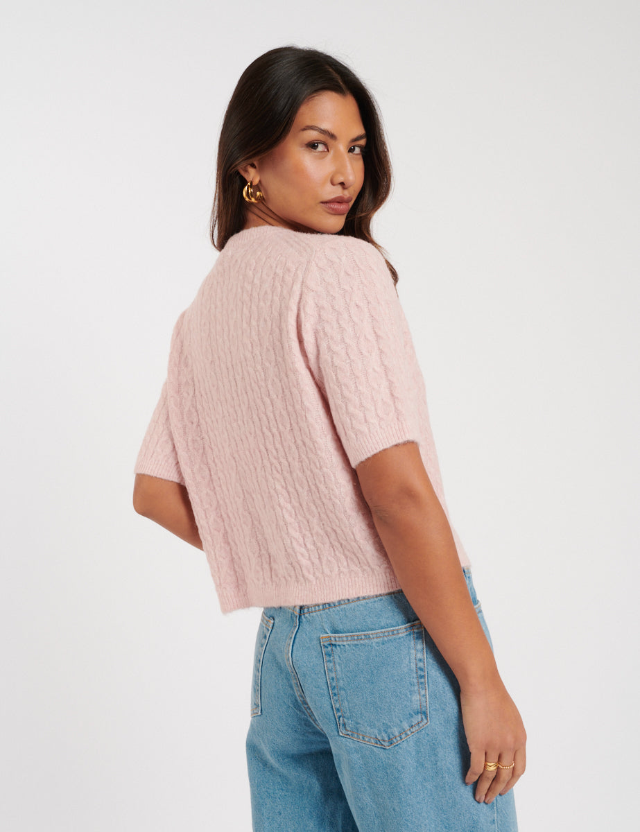 Pink Cable Knit Short Sleeve Cardigan