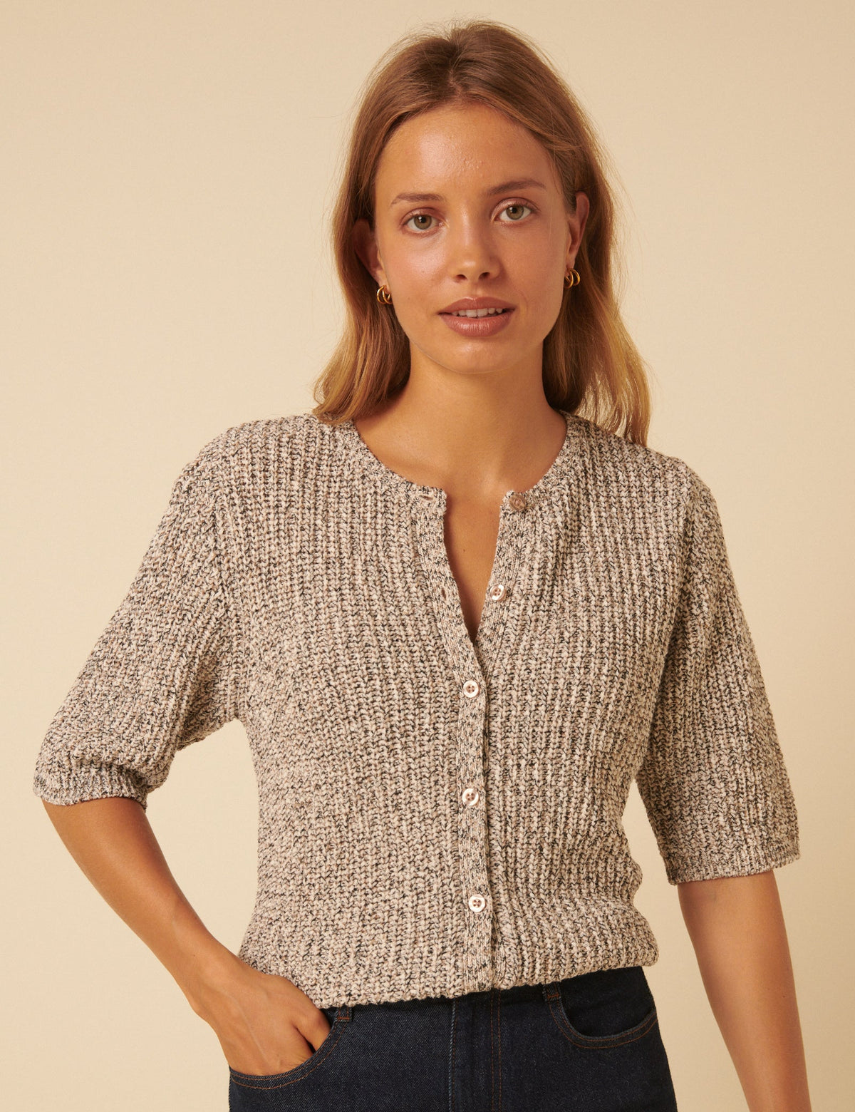 Brown Short Sleeve Knitted Cardigan