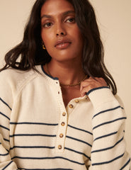 Cream Knitted Striped Henley Jumper