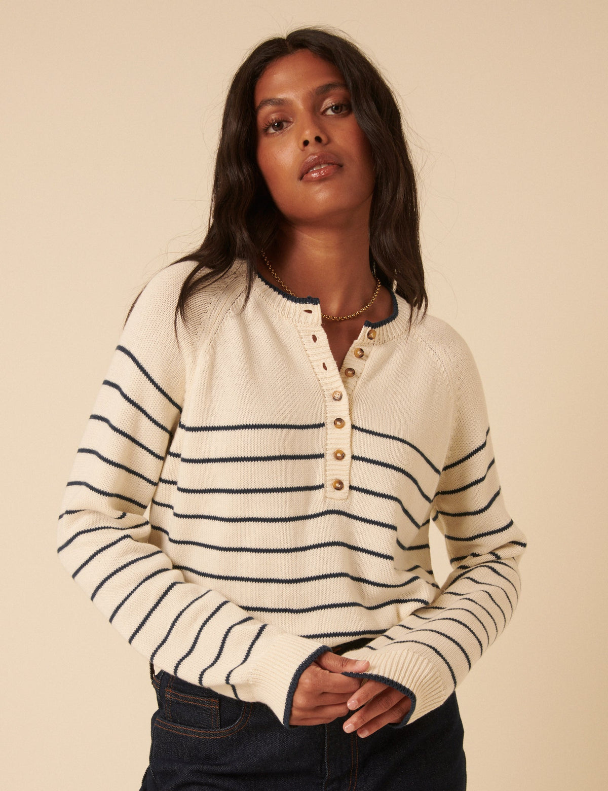 Cream Knitted Striped Henley Jumper