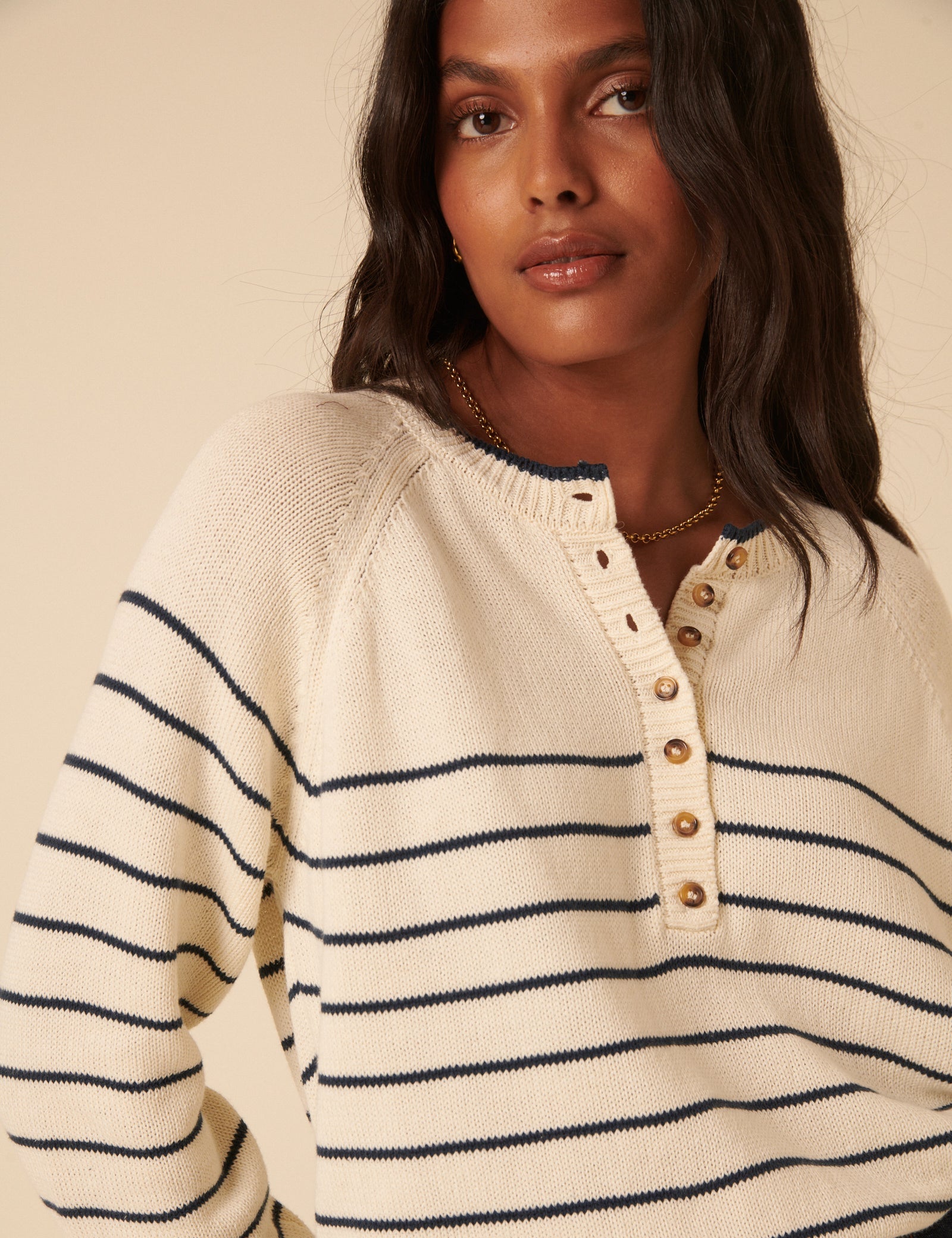 Cream Knitted Striped Henley Jumper