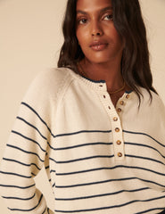 Cream Knitted Striped Henley Jumper