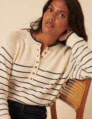 Cream Knitted Striped Henley Jumper