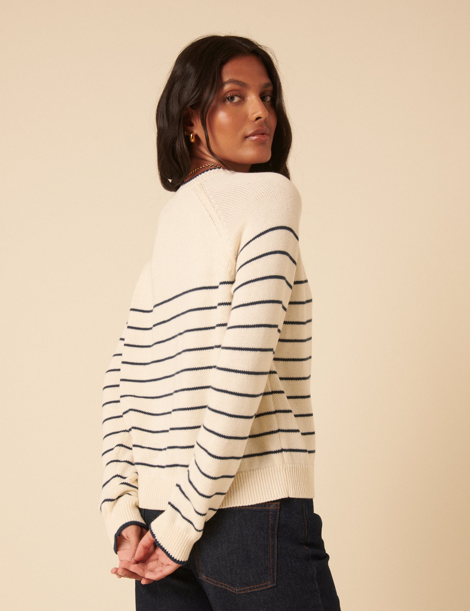 Cream Knitted Striped Henley Jumper