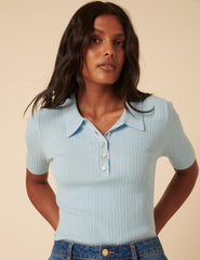 Blue Ribbed Polo Knitted Top