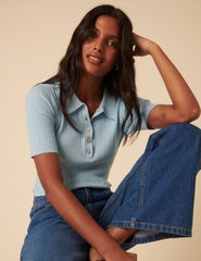 Blue Ribbed Polo Knitted Top