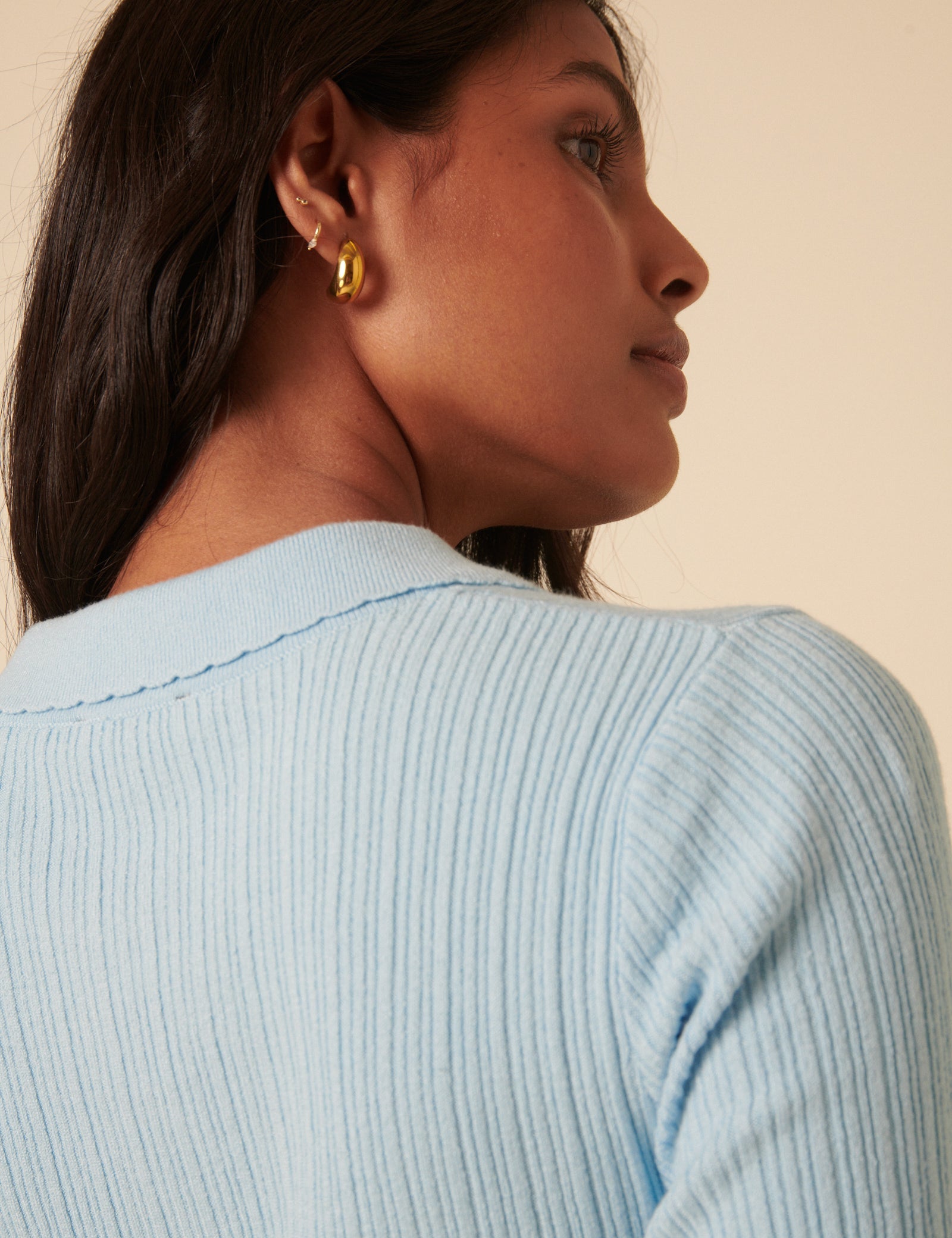 Blue Ribbed Polo Knitted Top