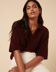 Burgundy Knitted Collar T-shirt