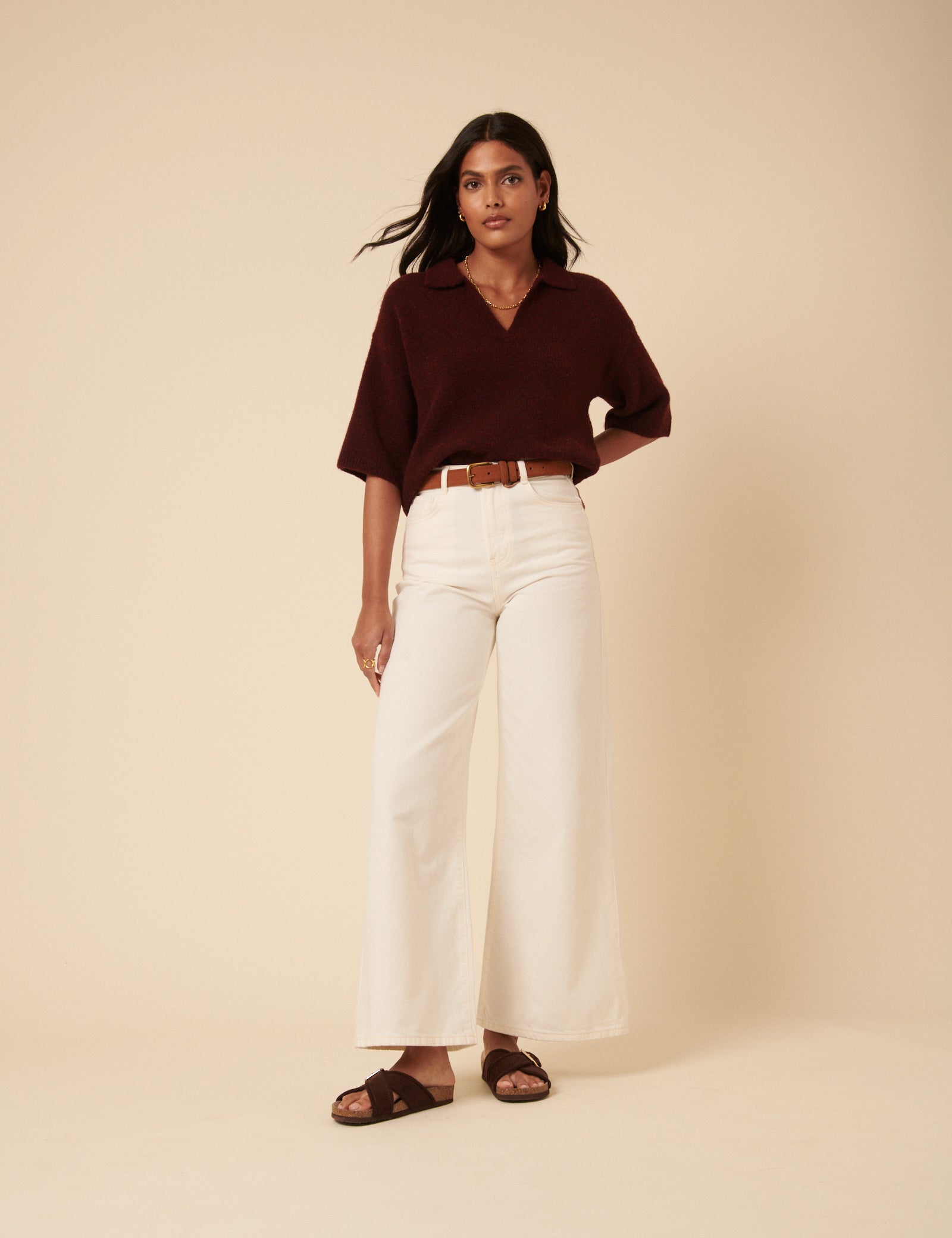 Burgundy Knitted Collar T-shirt