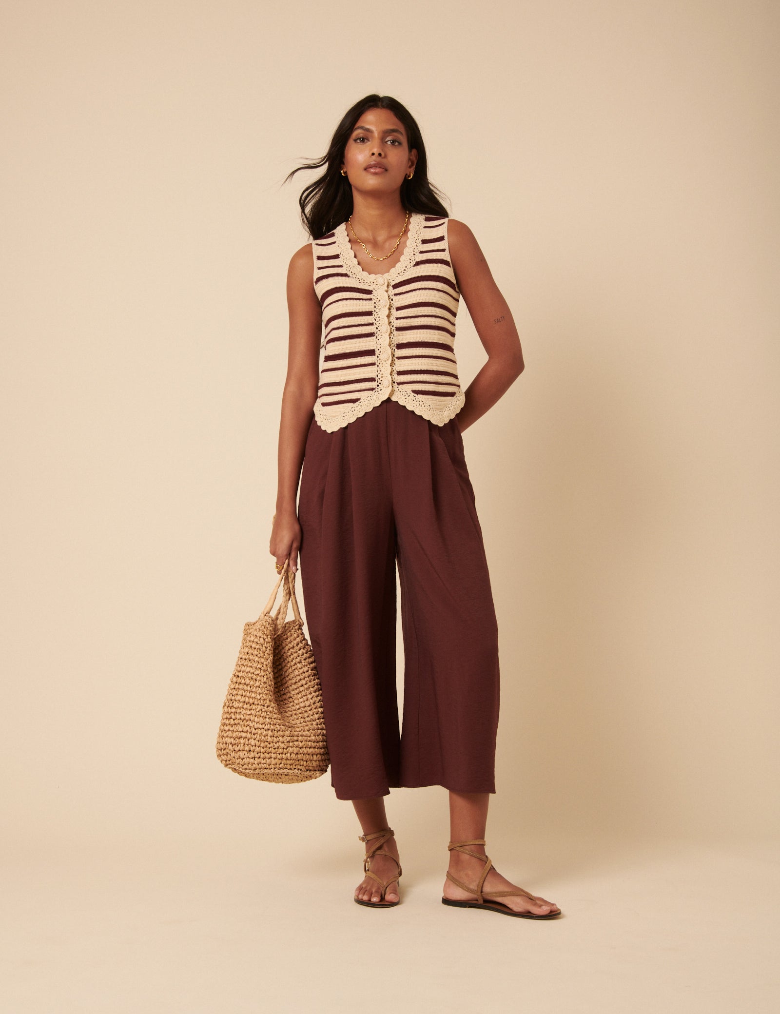 Cream And Red Striped Knitted Waistcoat