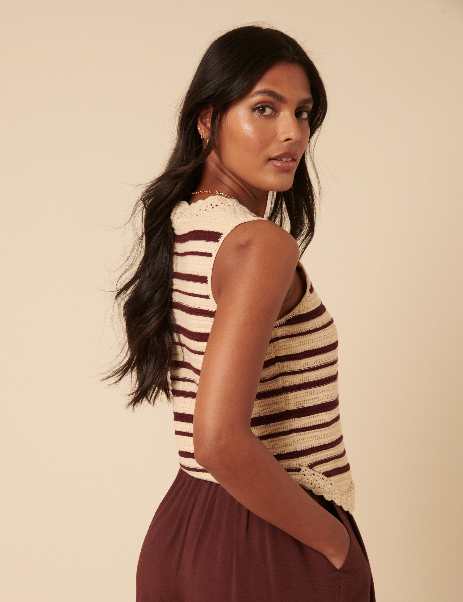 Cream And Red Striped Knitted Waistcoat