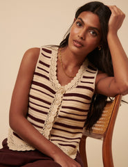 Cream And Red Striped Knitted Waistcoat