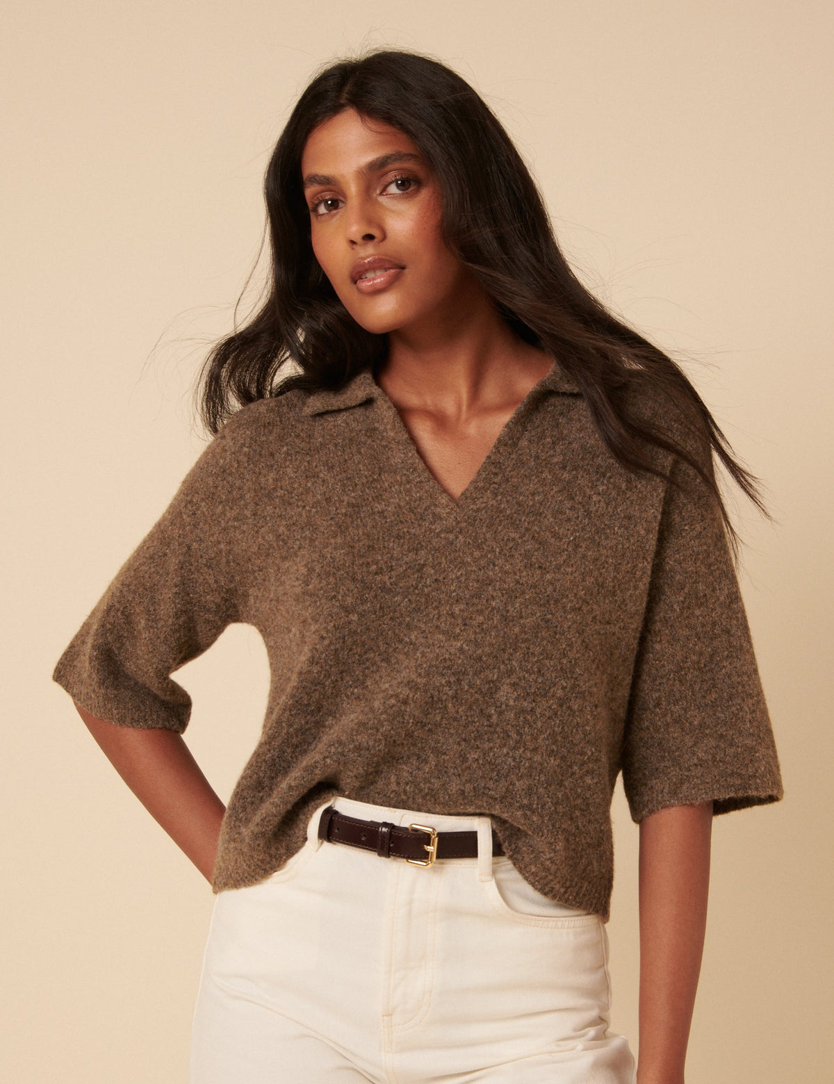 Brown Open Collar Knitted Short Sleeve Jumper