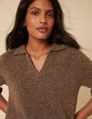 Brown Open Collar Knitted Short Sleeve Jumper