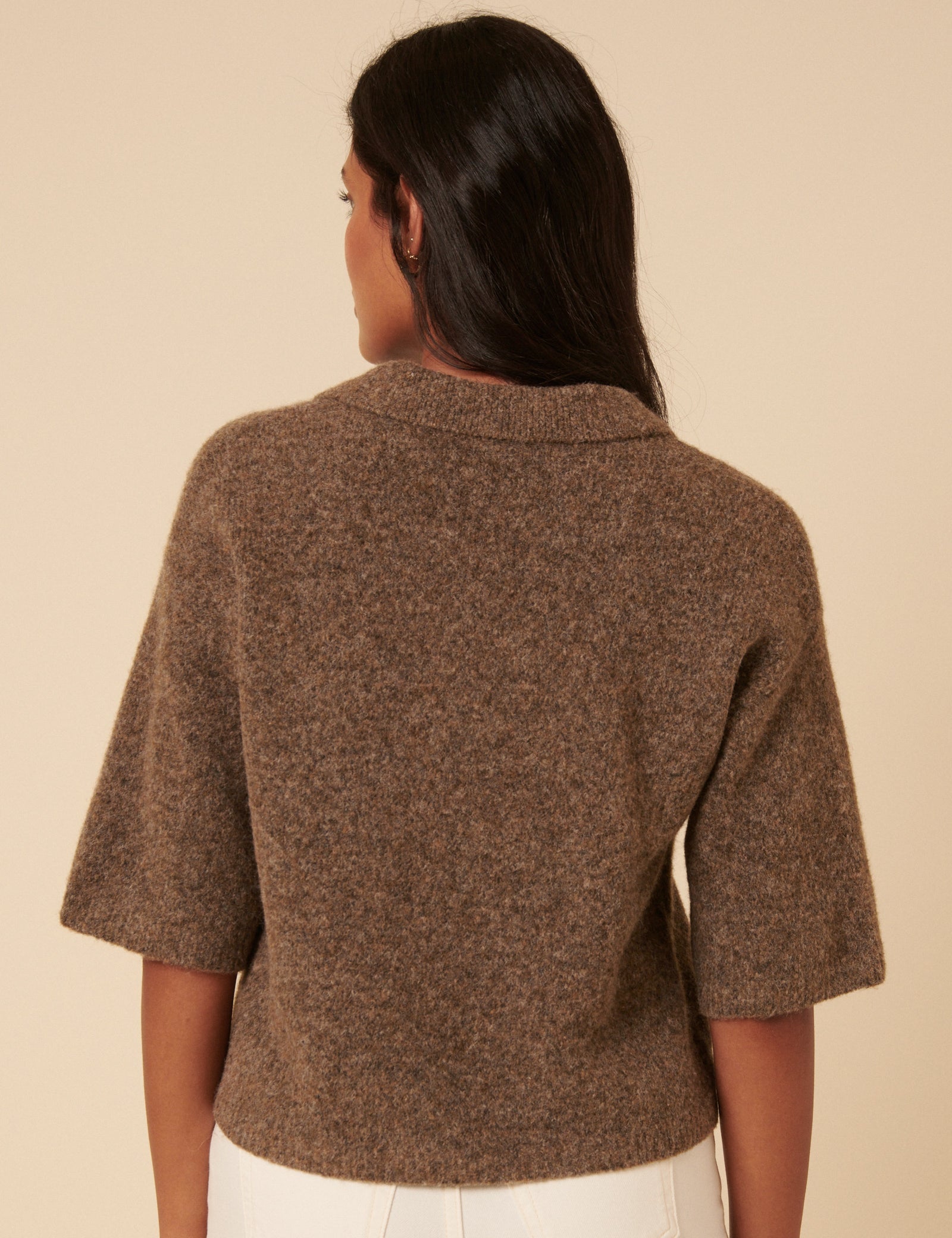 Brown Open Collar Knitted Short Sleeve Jumper