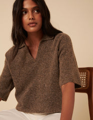 Brown Open Collar Knitted Short Sleeve Jumper