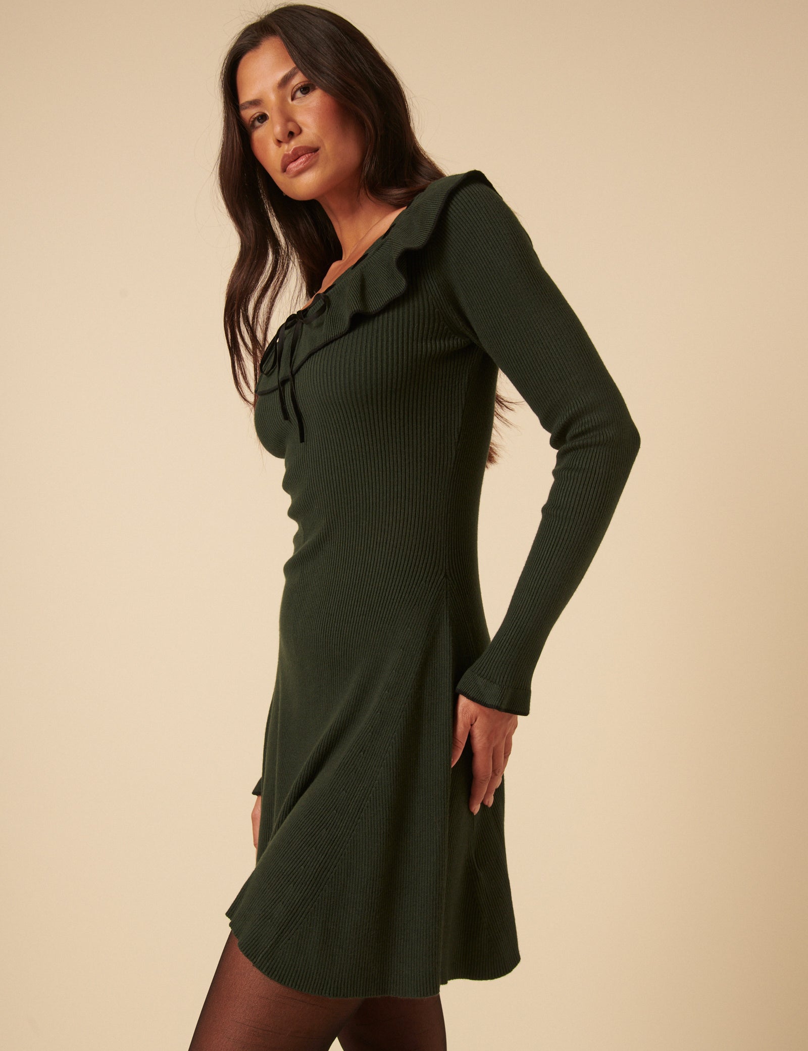 Green Collared Long Sleeve Knitted Mini Dress