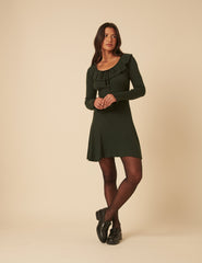 Green Collared Long Sleeve Knitted Mini Dress