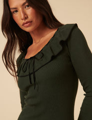 Green Collared Long Sleeve Knitted Mini Dress