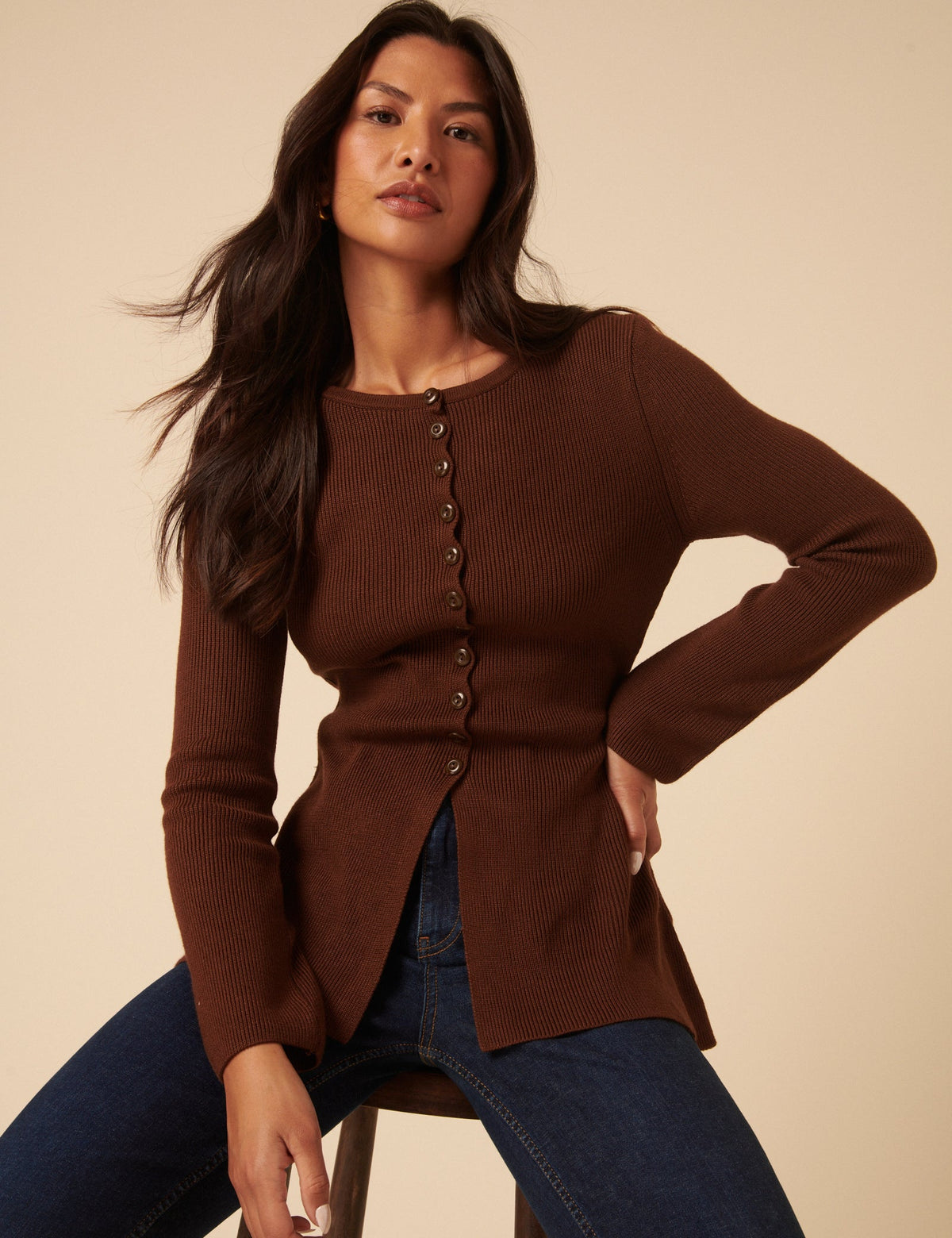Brown Ribbed Longline Cardigan