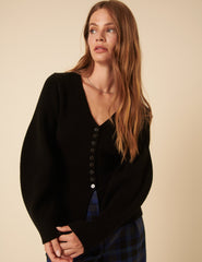 Black V-Neck Waisted Cardigan