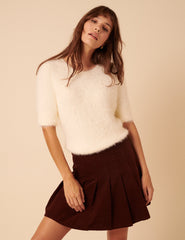 White Fluffy Short Sleeve Knitted Top