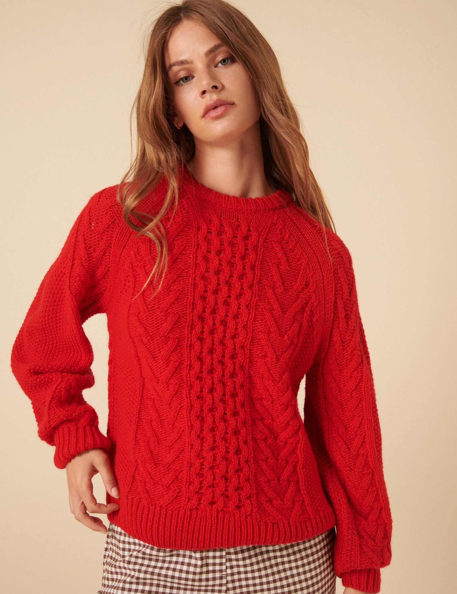 Red Wool Blend Chunky Cable Jumper