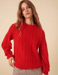 Red Wool Blend Chunky Cable Jumper