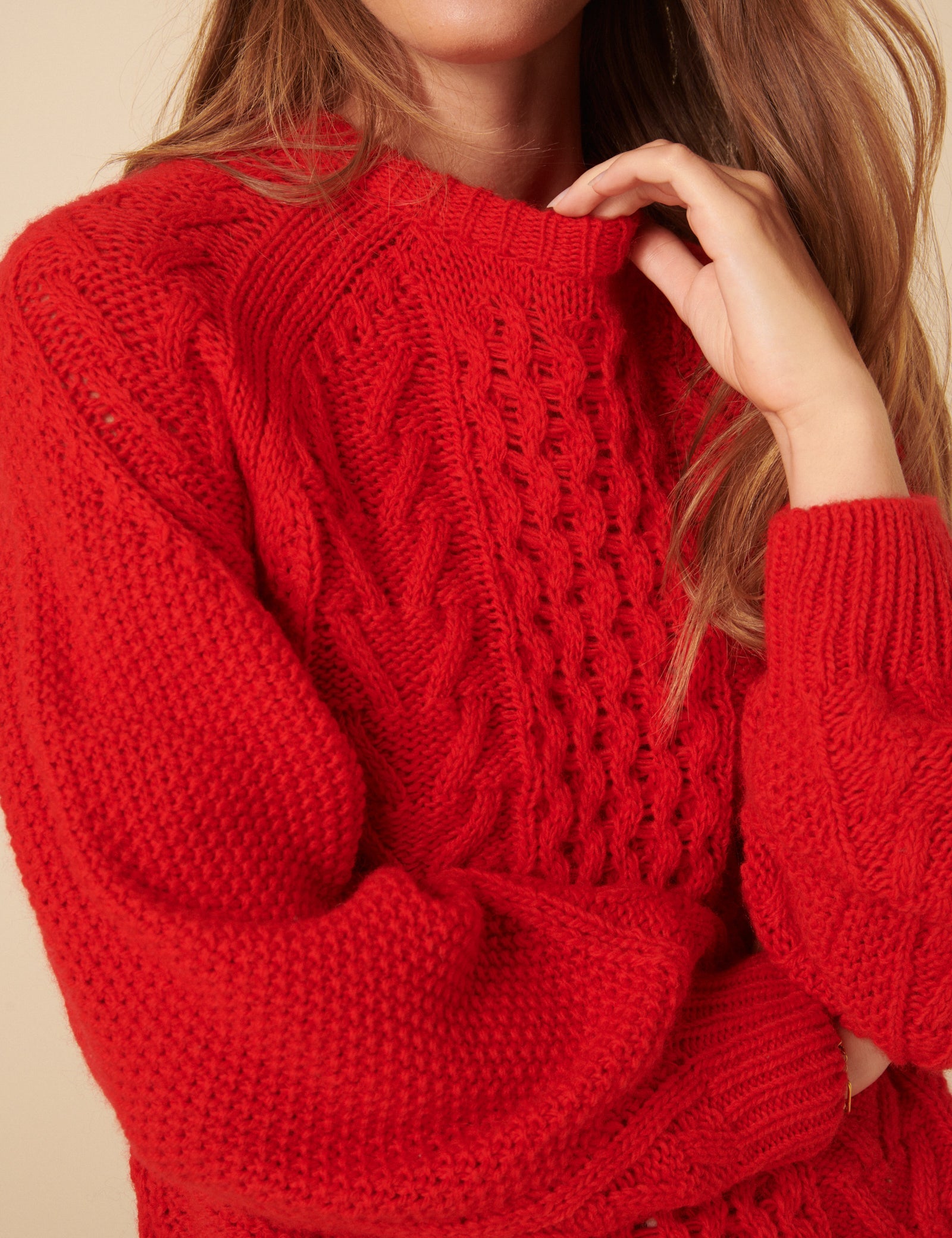 Red Wool Blend Chunky Cable Jumper