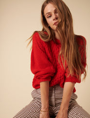 Red Wool Blend Chunky Cable Jumper