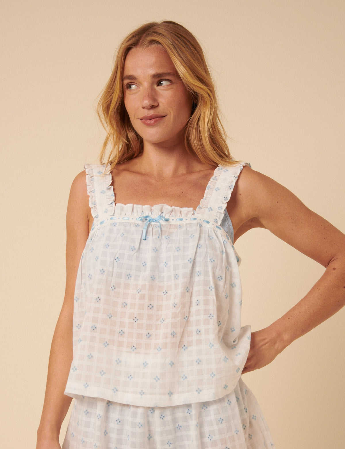 White Embroidered Frill Pyjama Top