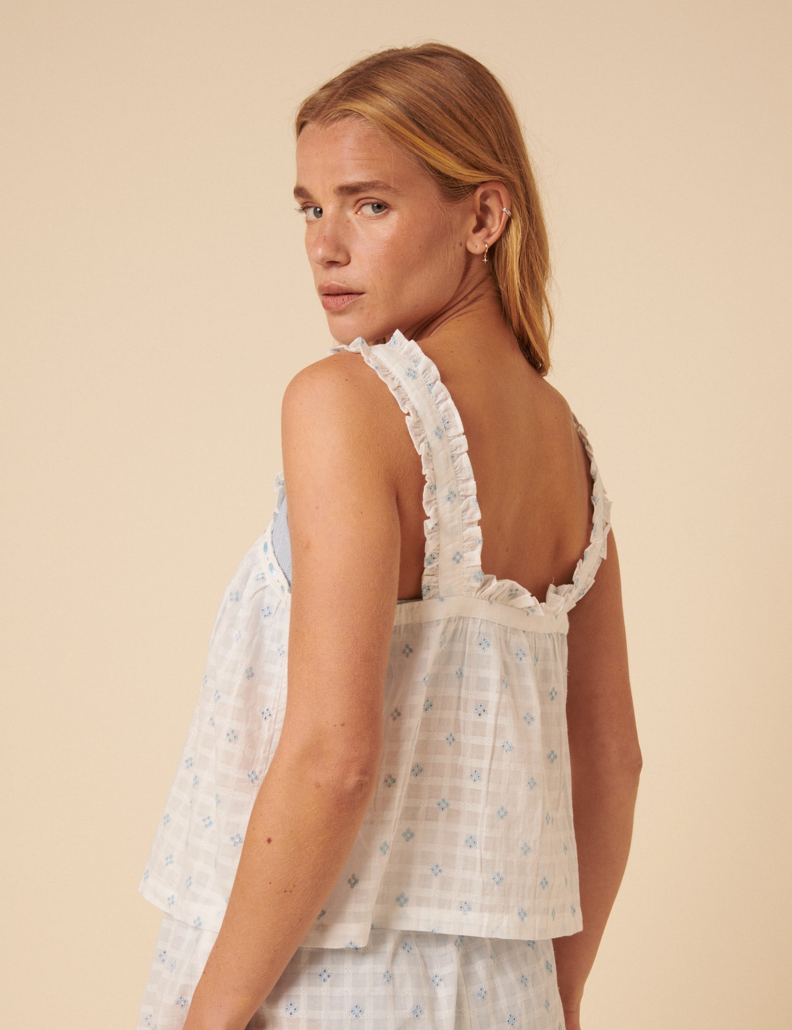 White Embroidered Frill Pyjama Top